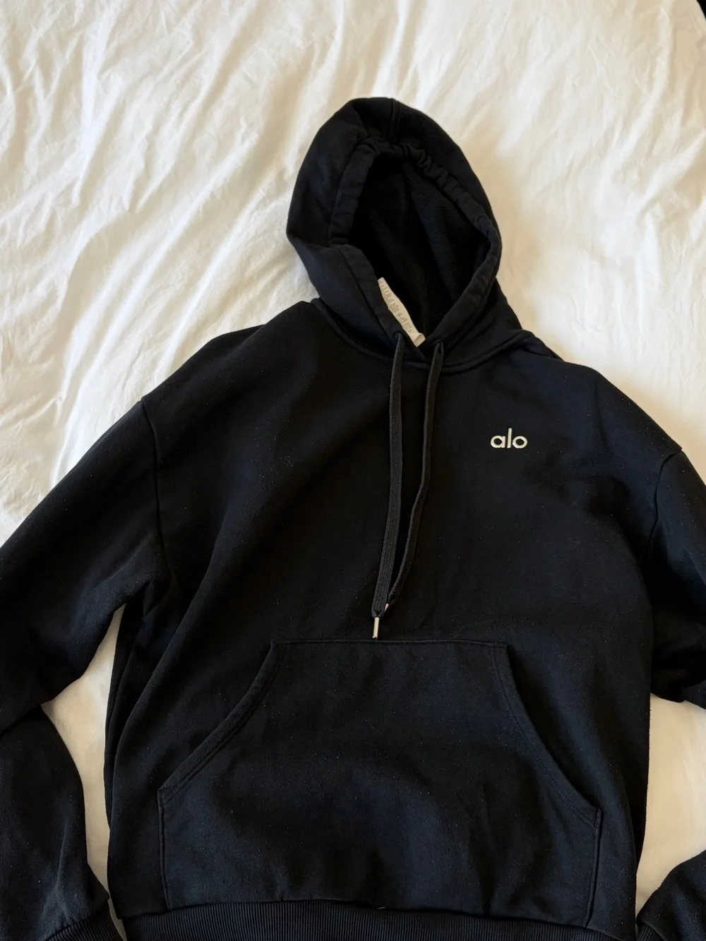 ALO Yoga Black Pullover Hoodie with White Logo